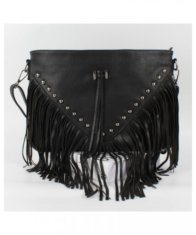 Faux Leather Fringe Hobo Bag Tassel Studed Cross Body Bag Shoulder Bag Cowgirl Purse 6802 Black $12.17 Hobo Bags