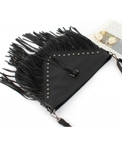 Faux Leather Fringe Hobo Bag Tassel Studed Cross Body Bag Shoulder Bag Cowgirl Purse 6802 Black $12.17 Hobo Bags