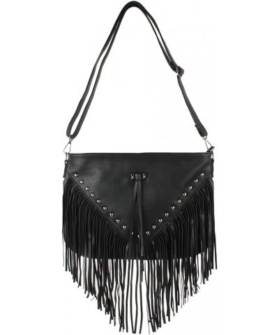 Faux Leather Fringe Hobo Bag Tassel Studed Cross Body Bag Shoulder Bag Cowgirl Purse 6802 Black $12.17 Hobo Bags