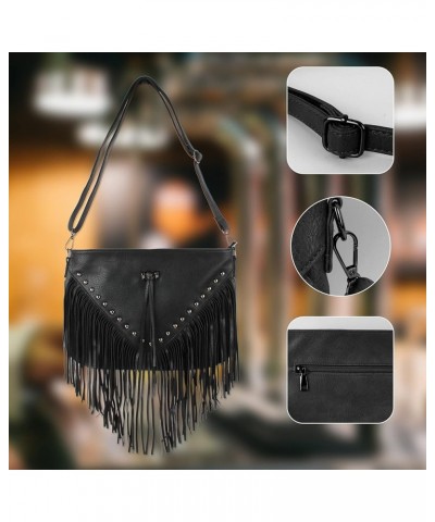 Faux Leather Fringe Hobo Bag Tassel Studed Cross Body Bag Shoulder Bag Cowgirl Purse 6802 Black $12.17 Hobo Bags