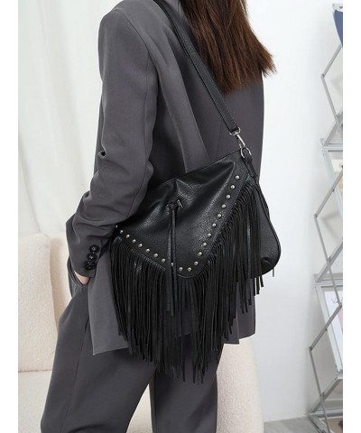 Faux Leather Fringe Hobo Bag Tassel Studed Cross Body Bag Shoulder Bag Cowgirl Purse 6802 Black $12.17 Hobo Bags