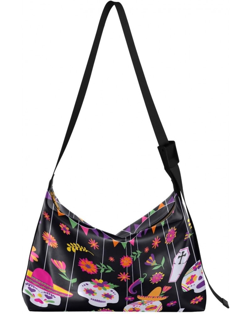 Flowers Skull Hobo Crossbody Bags for Women Leather Large Shoulder Bag Cross Body Colorful Mexican Trendy Womens Tote Bags Ha...