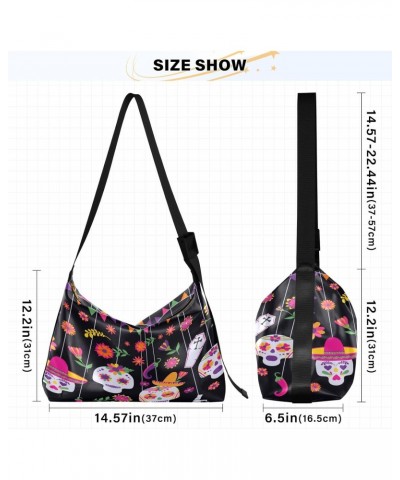 Flowers Skull Hobo Crossbody Bags for Women Leather Large Shoulder Bag Cross Body Colorful Mexican Trendy Womens Tote Bags Ha...