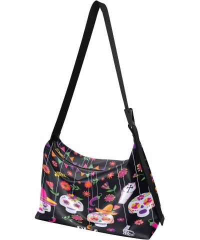 Flowers Skull Hobo Crossbody Bags for Women Leather Large Shoulder Bag Cross Body Colorful Mexican Trendy Womens Tote Bags Ha...