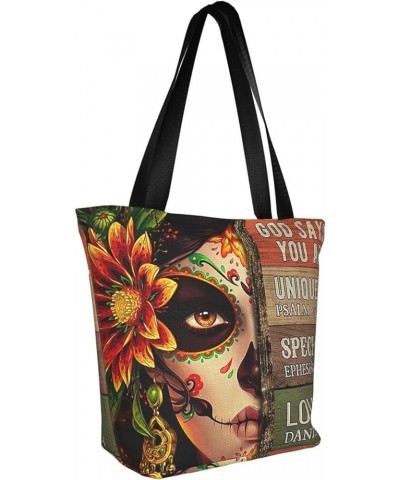 Tote Bag for Women Who Loves Books Shoulder Tote Bag Aesthetic Work Handbags Shopping Bags with Zipper Day of the Dead Sugar ...