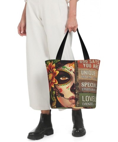 Tote Bag for Women Who Loves Books Shoulder Tote Bag Aesthetic Work Handbags Shopping Bags with Zipper Day of the Dead Sugar ...