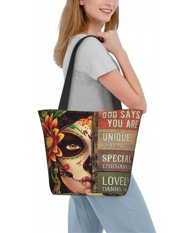 Tote Bag for Women Who Loves Books Shoulder Tote Bag Aesthetic Work Handbags Shopping Bags with Zipper Day of the Dead Sugar ...