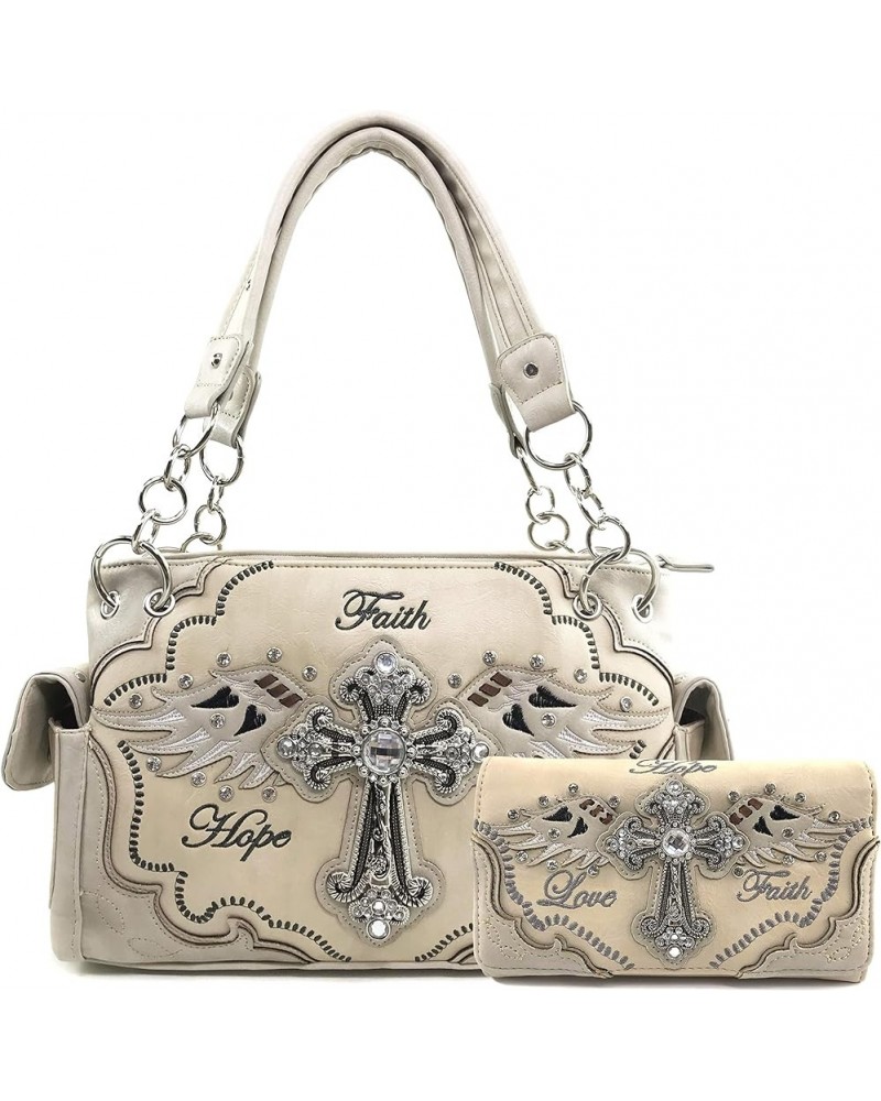 Women's Concealed Carry Angel Wings Cross Faith Hope Love Western Handbag Tote Purse Beige Handbag Wallet Set $15.97 Totes