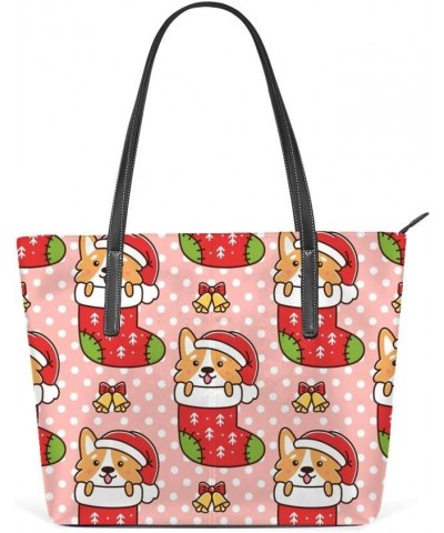 Top Handle Tote Bag PU Leather Shoulder Bag Christmas Dog Breed Welsh Corgi Messenger Bag for Women Ladies Girls $18.41 Shoul...