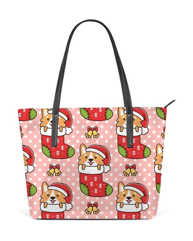 Top Handle Tote Bag PU Leather Shoulder Bag Christmas Dog Breed Welsh Corgi Messenger Bag for Women Ladies Girls $18.41 Shoul...