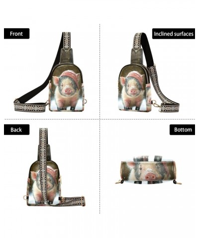 Winter Cute Pig Print Women Sling Bag with Adjustable Strap Zipper Closure, PU Leather Water Resistant Crossbody Bag Purse Ch...