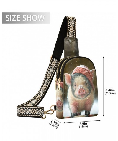 Winter Cute Pig Print Women Sling Bag with Adjustable Strap Zipper Closure, PU Leather Water Resistant Crossbody Bag Purse Ch...