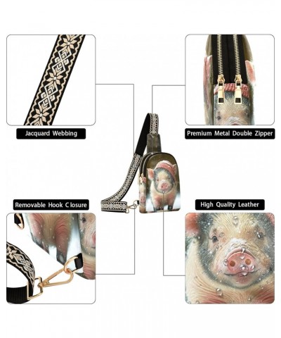 Winter Cute Pig Print Women Sling Bag with Adjustable Strap Zipper Closure, PU Leather Water Resistant Crossbody Bag Purse Ch...