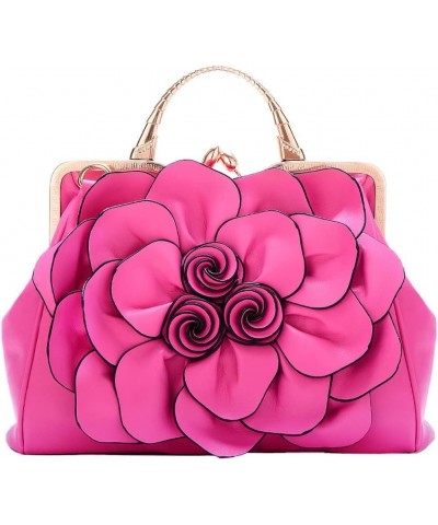 Genuine Leather Handbags Women 3D Floral Tote Bags Kiss Lock Purse Top Handle Rose Red $50.84 Totes