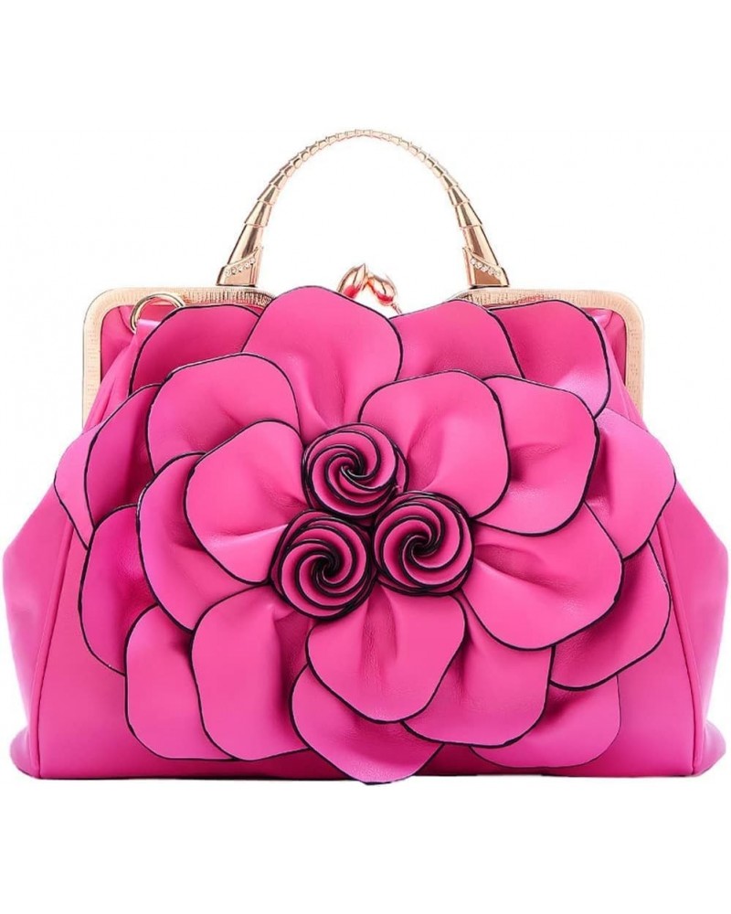 Genuine Leather Handbags Women 3D Floral Tote Bags Kiss Lock Purse Top Handle Rose Red $50.84 Totes