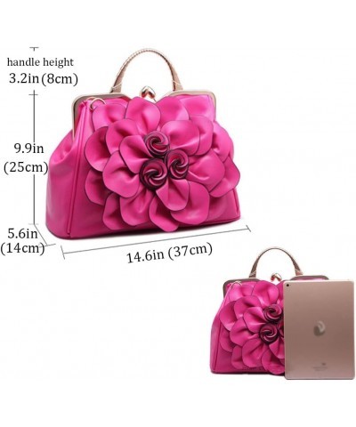 Genuine Leather Handbags Women 3D Floral Tote Bags Kiss Lock Purse Top Handle Rose Red $50.84 Totes