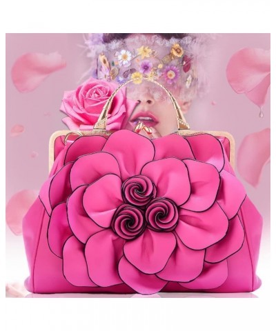 Genuine Leather Handbags Women 3D Floral Tote Bags Kiss Lock Purse Top Handle Rose Red $50.84 Totes