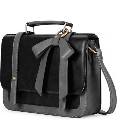 Small Crossbody Bags Vintage Satchel Work Bag Vegan Leather Shoulder Bag with Detachable Bow Black-1 Layers $19.74 Satchels