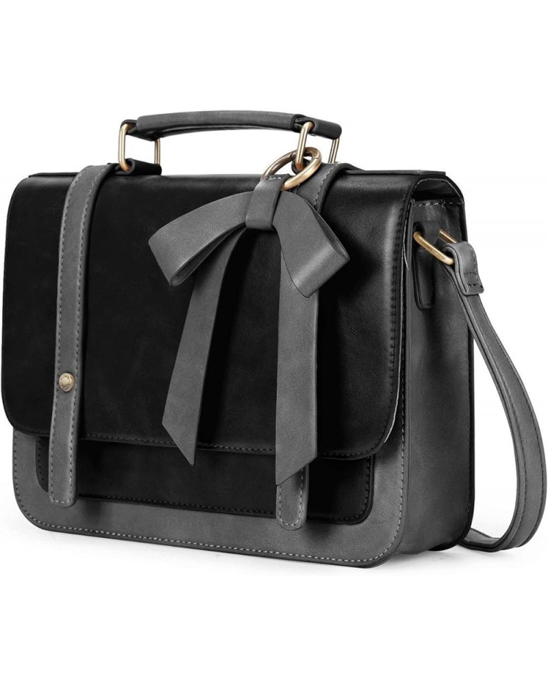 Small Crossbody Bags Vintage Satchel Work Bag Vegan Leather Shoulder Bag with Detachable Bow Black-1 Layers $19.74 Satchels