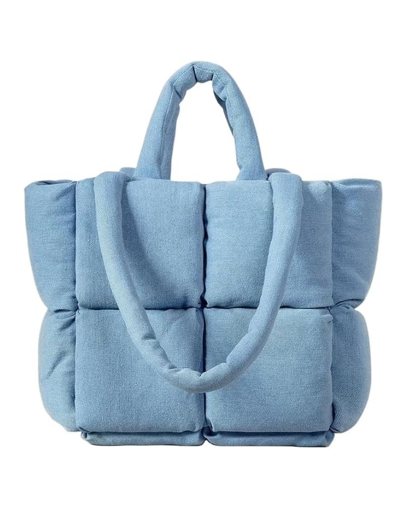 Puffer Denim Tote Bag, Trendy Luxury Chic Quilted Large Padded Designer Handbags for Women Winter Soft Shoulder Bag Blue $23....