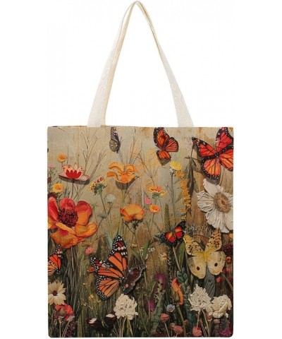 Canvas Tote Bag Vintage Flower Butterfly Tote Bag Shopping Grocery Bag Beach Bag Shoulder Bags Totebag-1 $11.52 Totes