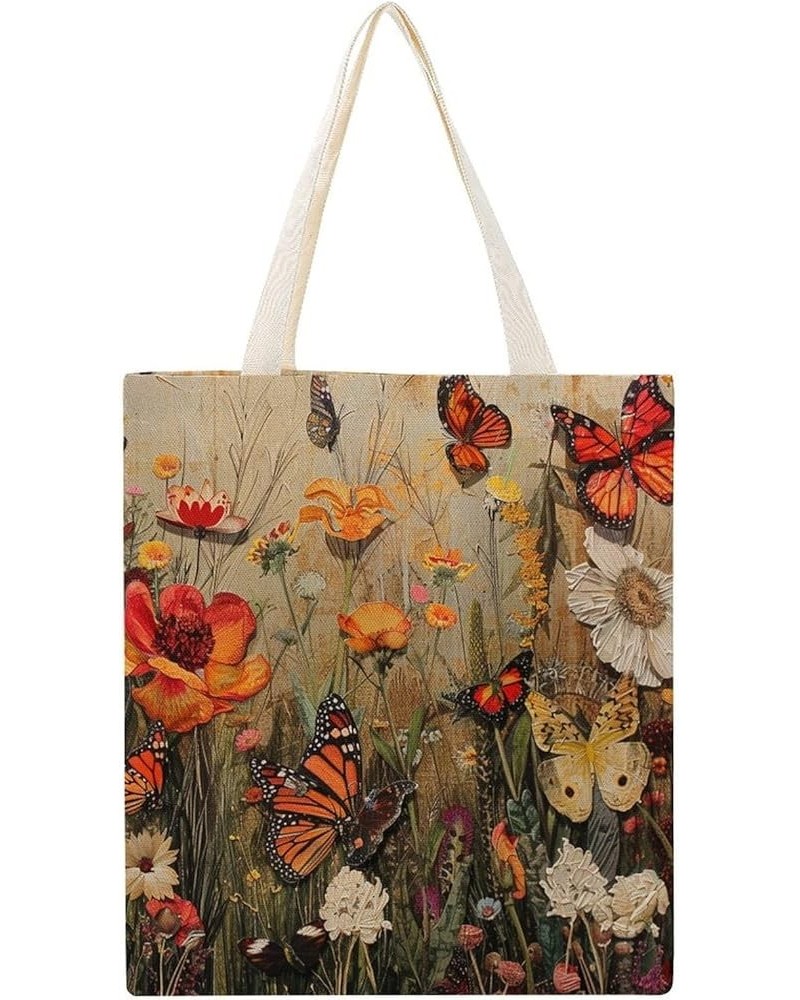 Canvas Tote Bag Vintage Flower Butterfly Tote Bag Shopping Grocery Bag Beach Bag Shoulder Bags Totebag-1 $11.52 Totes