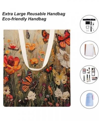 Canvas Tote Bag Vintage Flower Butterfly Tote Bag Shopping Grocery Bag Beach Bag Shoulder Bags Totebag-1 $11.52 Totes