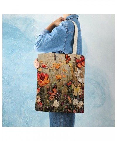 Canvas Tote Bag Vintage Flower Butterfly Tote Bag Shopping Grocery Bag Beach Bag Shoulder Bags Totebag-1 $11.52 Totes