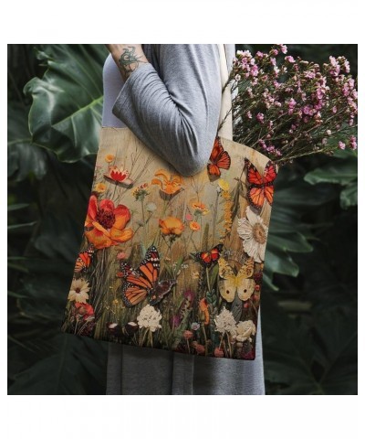 Canvas Tote Bag Vintage Flower Butterfly Tote Bag Shopping Grocery Bag Beach Bag Shoulder Bags Totebag-1 $11.52 Totes