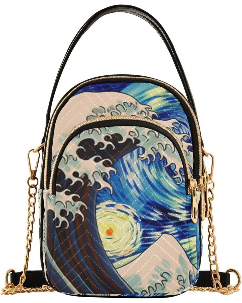 Women's Sling Bags-Starry Night Painting Wave, Fashion Crossbody Handbags Purse with Chain Strap Top handle 5.91×3.15×8.27 In...