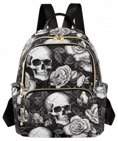 Skull White Gray Flowers Backpack for Women Fashion Shoulder Bags Small Casual Daypack Travel Bag S 202a2041 S(10.23"x5.11"x1...