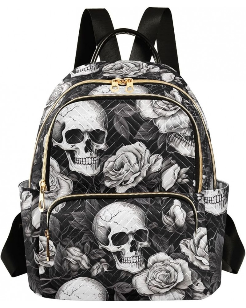 Skull White Gray Flowers Backpack for Women Fashion Shoulder Bags Small Casual Daypack Travel Bag S 202a2041 S(10.23"x5.11"x1...