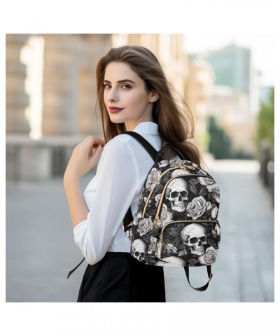 Skull White Gray Flowers Backpack for Women Fashion Shoulder Bags Small Casual Daypack Travel Bag S 202a2041 S(10.23"x5.11"x1...