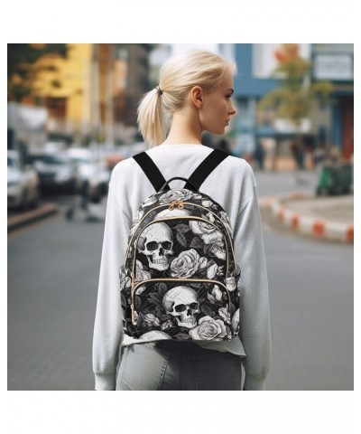 Skull White Gray Flowers Backpack for Women Fashion Shoulder Bags Small Casual Daypack Travel Bag S 202a2041 S(10.23"x5.11"x1...