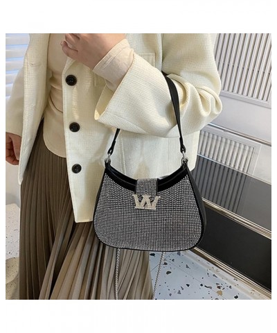 Luxury Designer PU Shoulder Bag Large Capacity Rhinestone Women Crossbody Bag Underarm Bag Simple Female for Office Travel Bl...