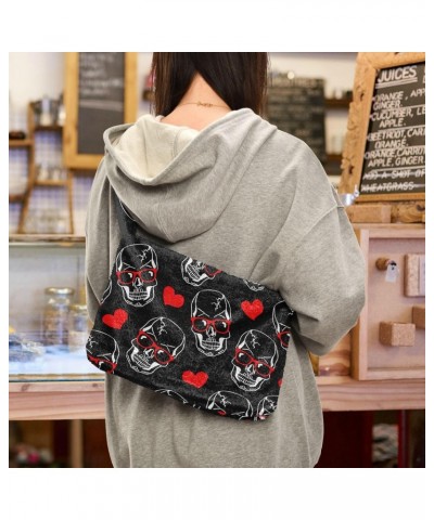 Skull Heart Furry Tote Bag for Women Crossbody Bag Casual Shoulder Handbags Casual Handbag with Zipper for Winter Autumn $8.8...