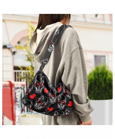 Skull Heart Furry Tote Bag for Women Crossbody Bag Casual Shoulder Handbags Casual Handbag with Zipper for Winter Autumn $8.8...