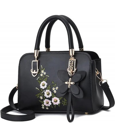 lquuo Leather Top-handle Purse for Women Beautiful Embroidered Flower Tote Handbag Portable Crossbody Purse Black $14.25 Cros...