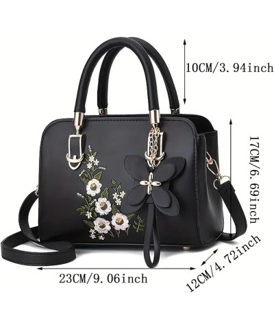 lquuo Leather Top-handle Purse for Women Beautiful Embroidered Flower Tote Handbag Portable Crossbody Purse Black $14.25 Cros...