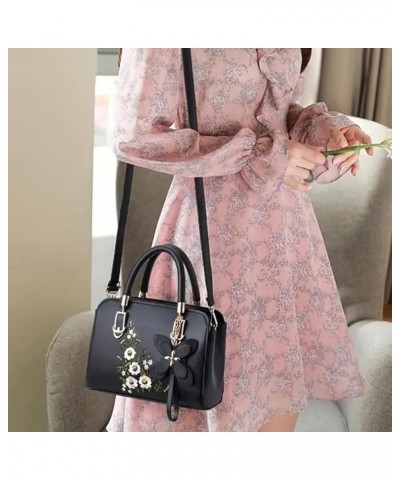 lquuo Leather Top-handle Purse for Women Beautiful Embroidered Flower Tote Handbag Portable Crossbody Purse Black $14.25 Cros...