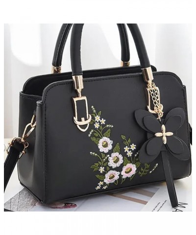 lquuo Leather Top-handle Purse for Women Beautiful Embroidered Flower Tote Handbag Portable Crossbody Purse Black $14.25 Cros...