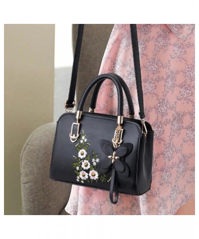 lquuo Leather Top-handle Purse for Women Beautiful Embroidered Flower Tote Handbag Portable Crossbody Purse Black $14.25 Cros...