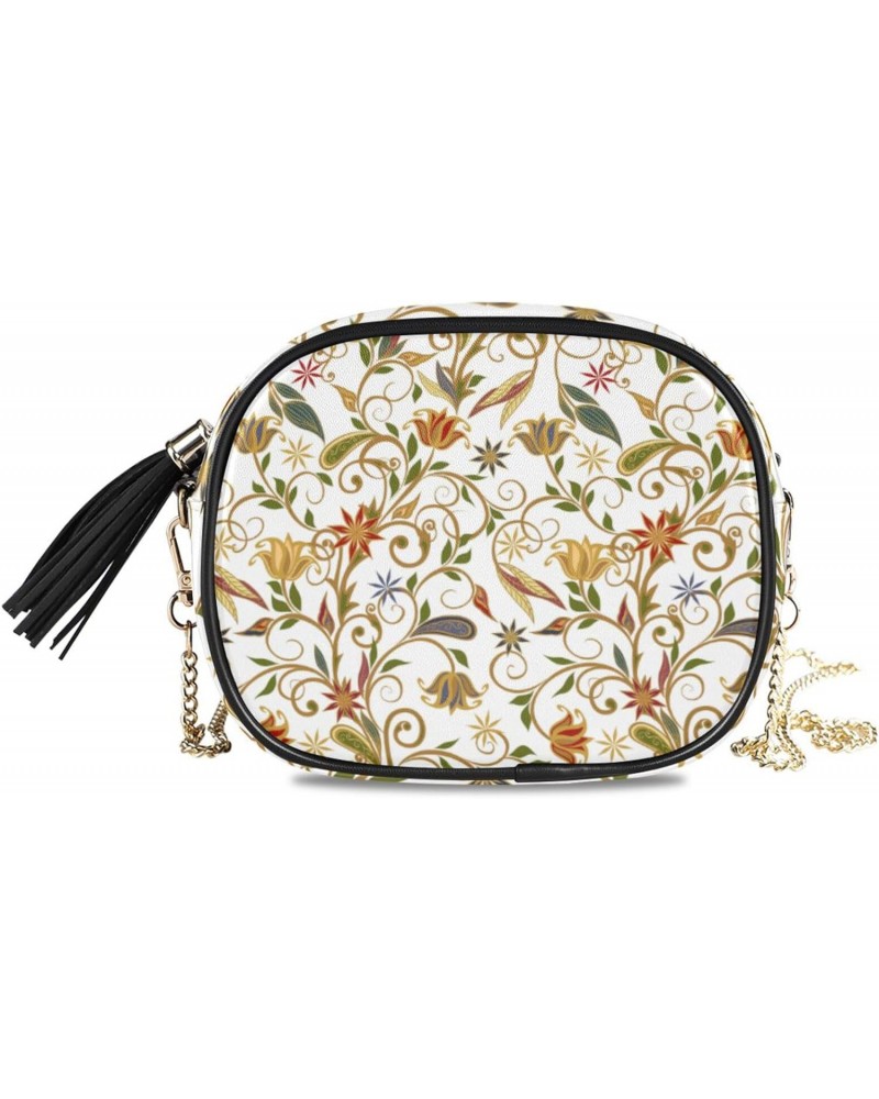 Small Crossbody Bag Retro Oriental Flowers Leaves Womens Shoulder Chain Bag PU Leather Small Purse With Tassel $12.95 Shoulde...