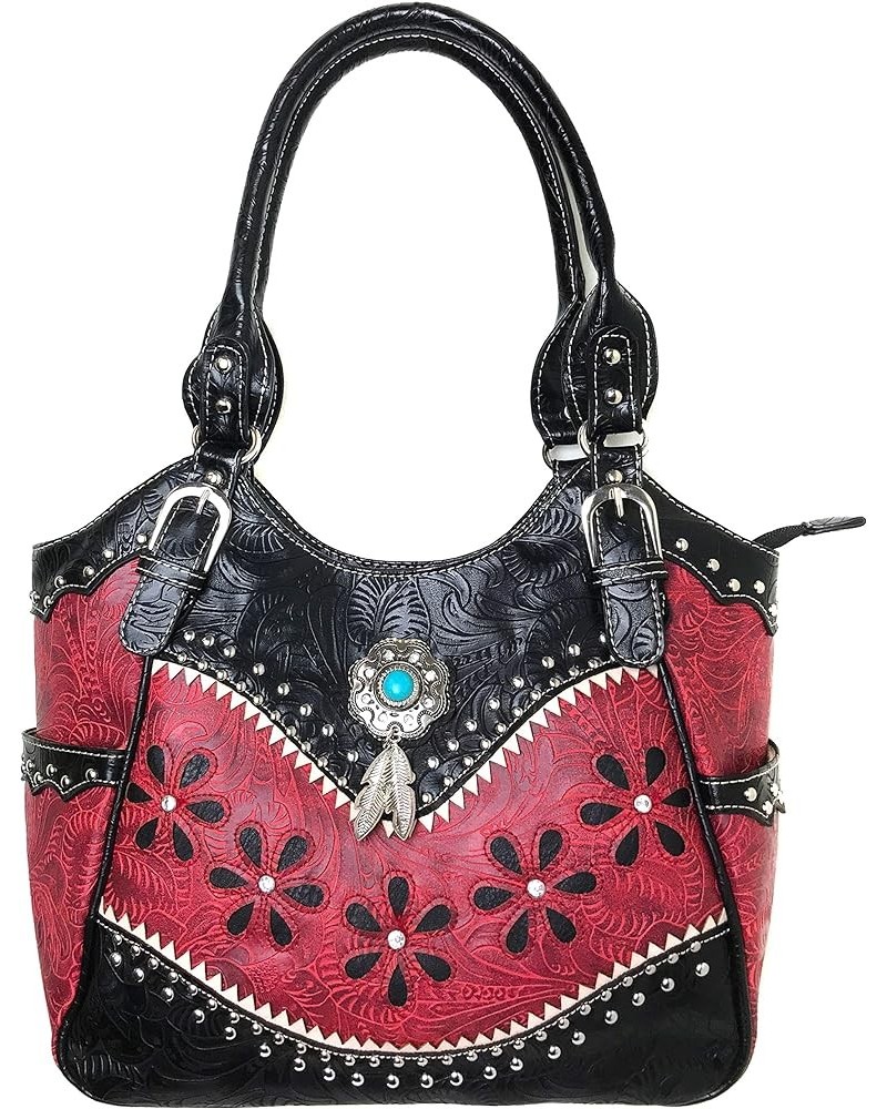 Turquoise Stone Concho Feathers Western Tooled Studs Concealed Carry Handbag Purse Red Tote Only $26.46 Totes