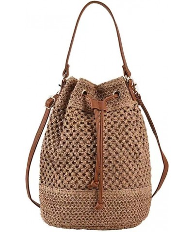 Women Straw Drawstring Bucket Purse Small Tote Shoulder Handbag Hollow Out Cross-body Bag for Summer,Beach A-light Brown $15....