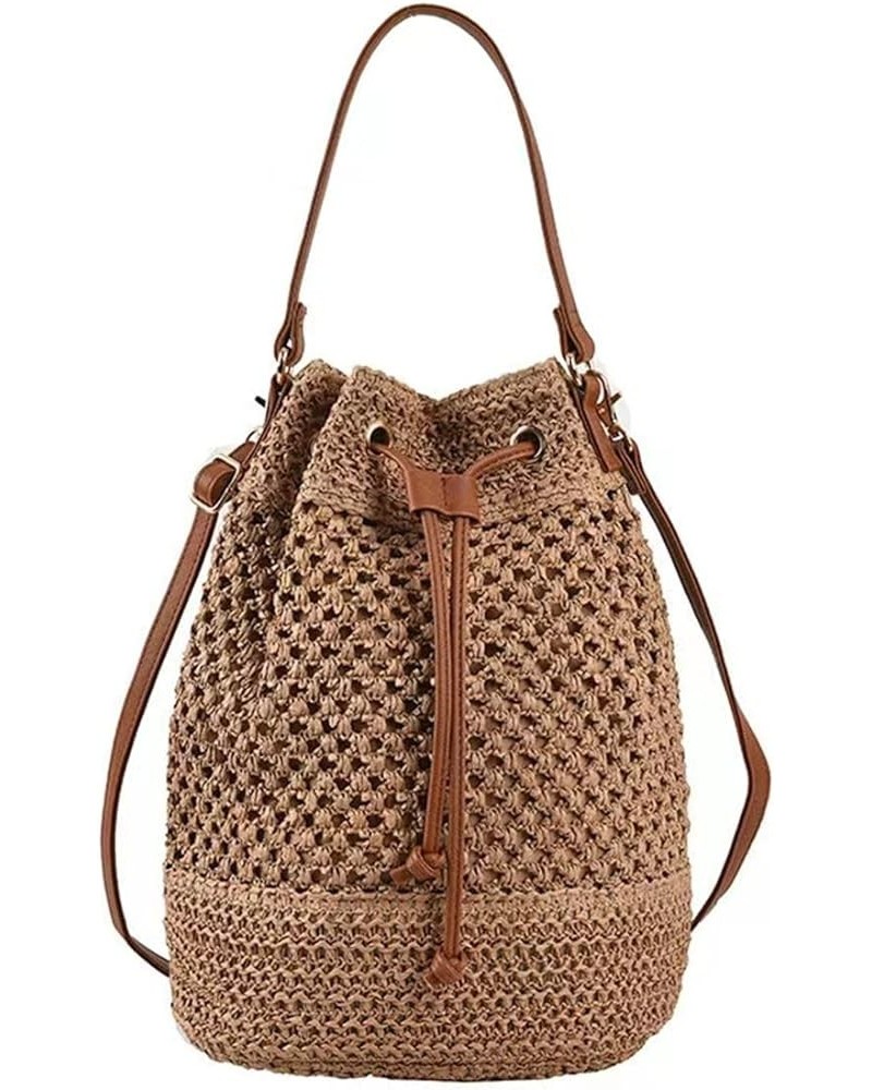 Women Straw Drawstring Bucket Purse Small Tote Shoulder Handbag Hollow Out Cross-body Bag for Summer,Beach A-light Brown $15....