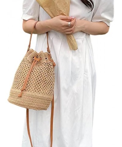 Women Straw Drawstring Bucket Purse Small Tote Shoulder Handbag Hollow Out Cross-body Bag for Summer,Beach A-light Brown $15....