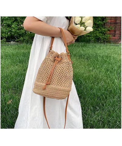 Women Straw Drawstring Bucket Purse Small Tote Shoulder Handbag Hollow Out Cross-body Bag for Summer,Beach A-light Brown $15....