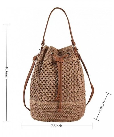 Women Straw Drawstring Bucket Purse Small Tote Shoulder Handbag Hollow Out Cross-body Bag for Summer,Beach A-light Brown $15....