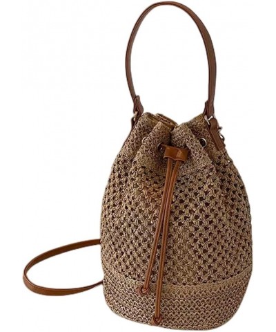 Women Straw Drawstring Bucket Purse Small Tote Shoulder Handbag Hollow Out Cross-body Bag for Summer,Beach A-light Brown $15....